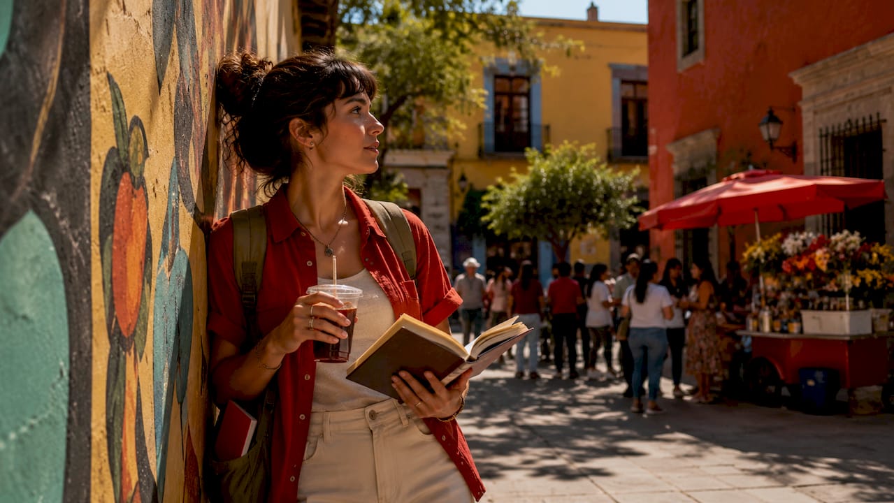 Traveler studying map in Coyoacá plaza
