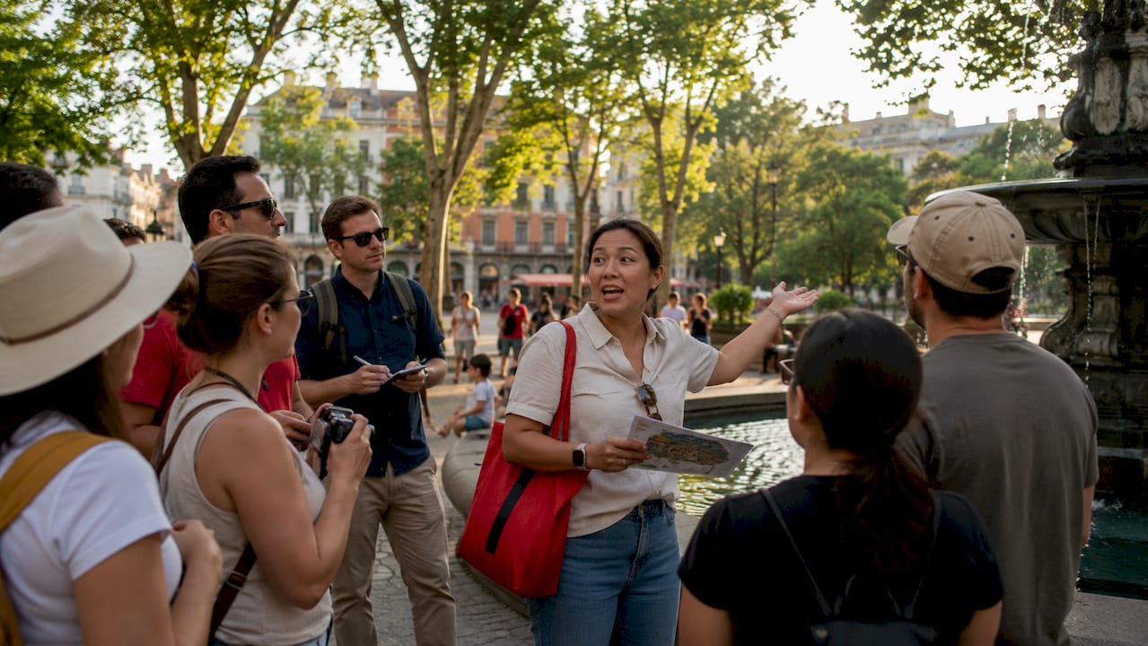 Tour guide engaging tourists outdoors