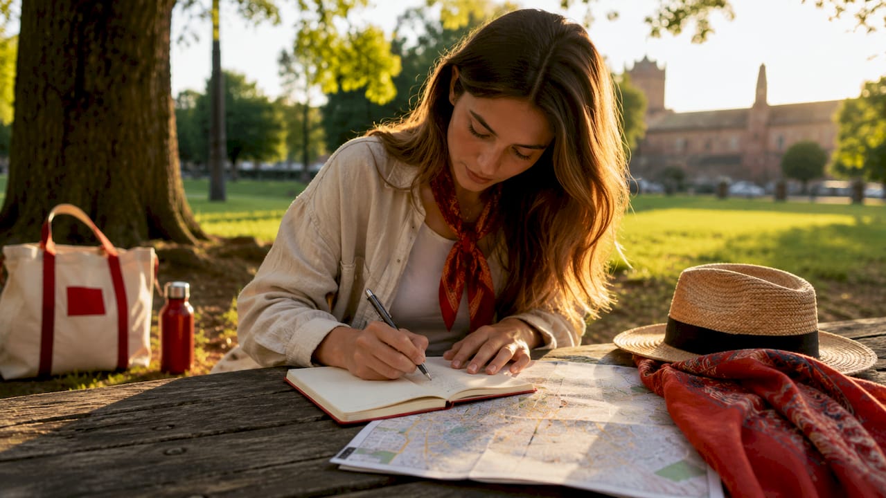 Traveler writing itinerary in outdoor café