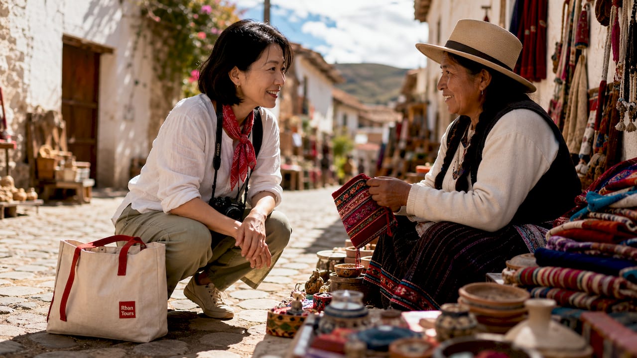 Traveler chatting with local artisan vendor outdoors