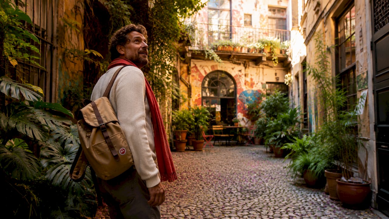 Man discovering a hidden courtyard in Milan