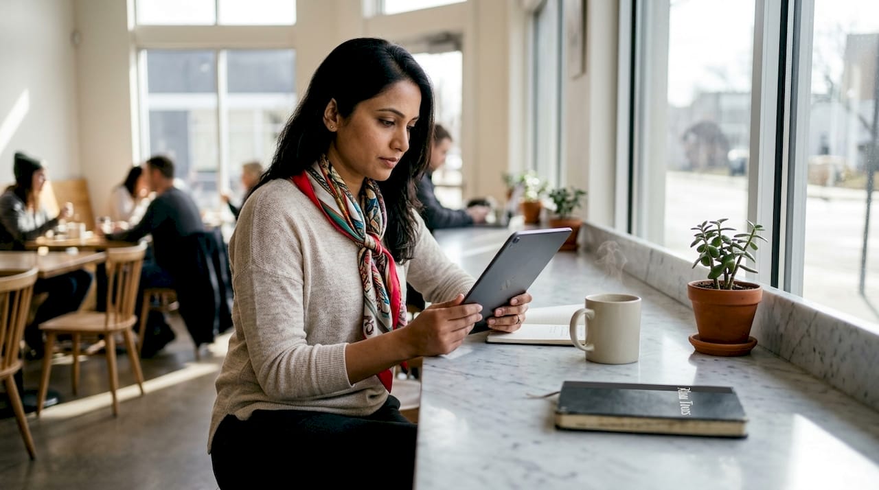 Woman managing digital travel itinerary at home