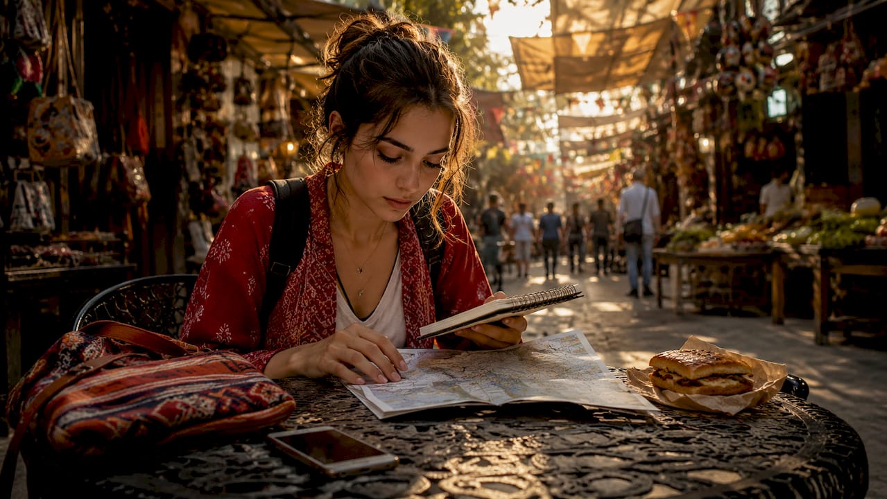 Woman planning design tour route at café table