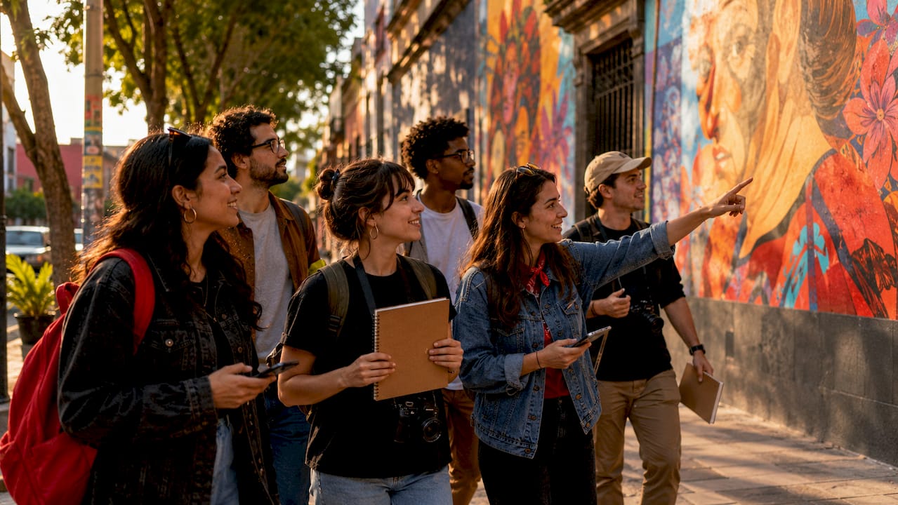 Group walking food tour in urban setting