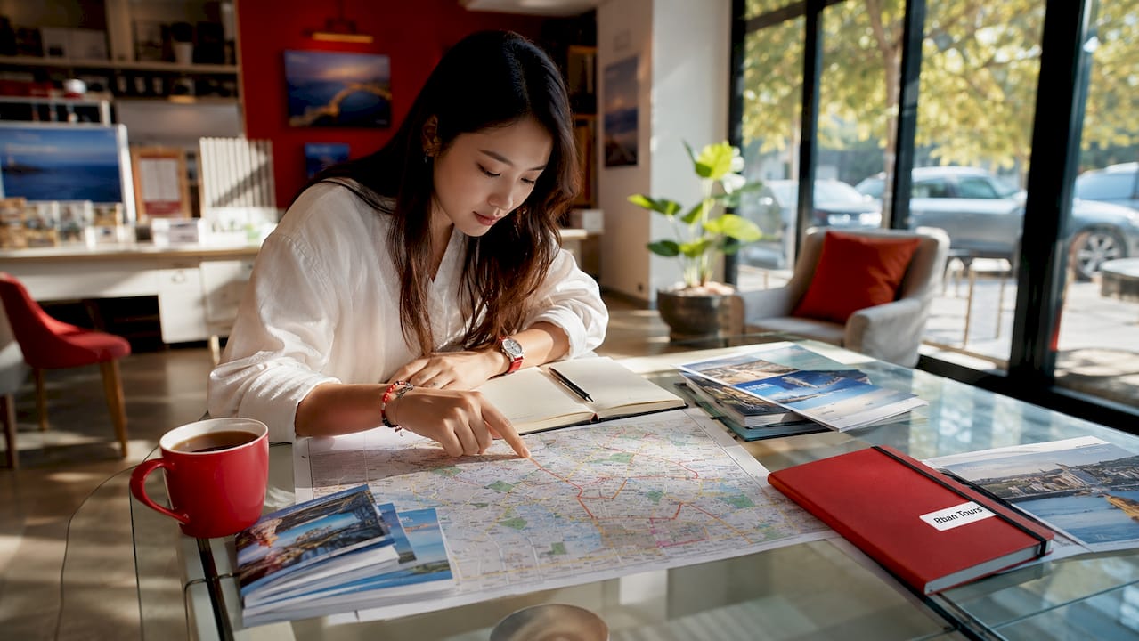 Traveler exploring travel maps and brochures