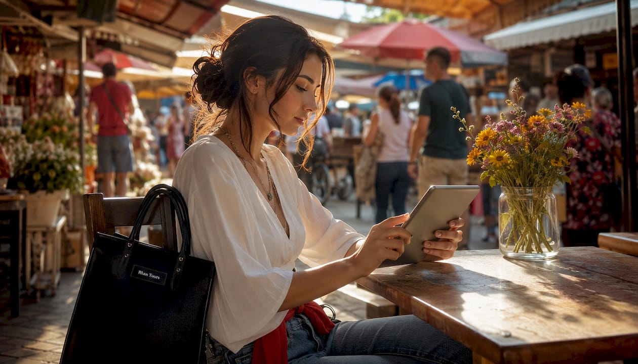 Woman browsing hostel booking platforms outdoors