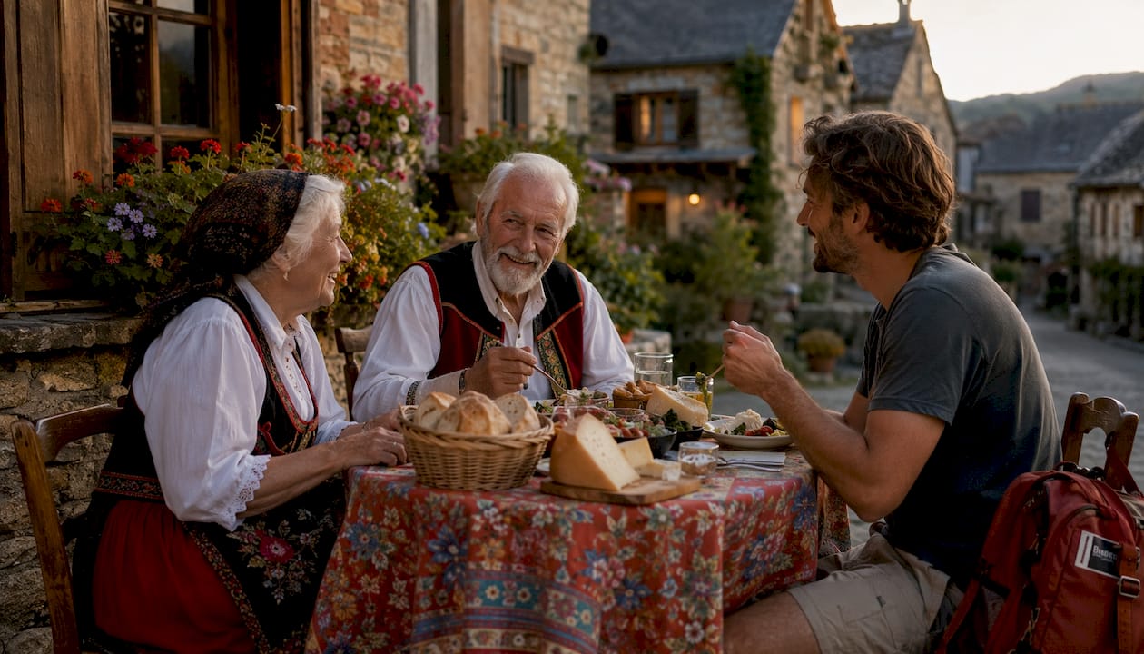 Traveler sharing meal with local hosts