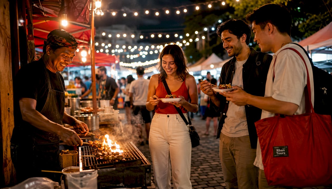 Travelers tasting food at street vendor cart