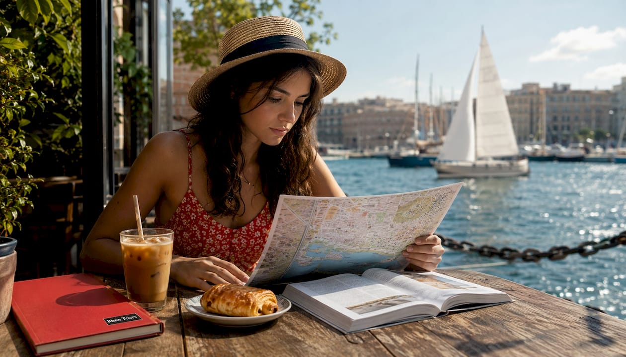 Traveler studying city map at outdoor café