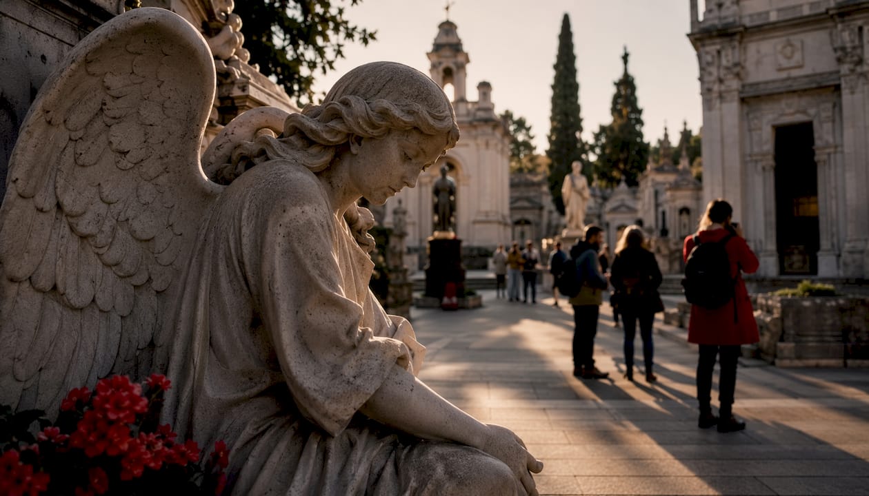 Visitors exploring Cimitero Monumentale cemetery museum