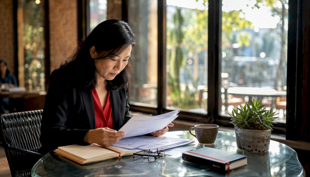 Woman reviewing research papers at desk