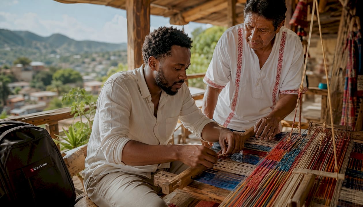 Traveler immersed in traditional dye workshop