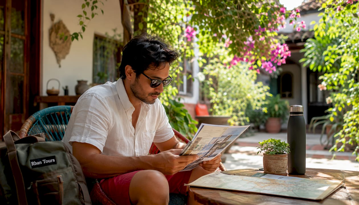 Traveler reviewing community tourism materials indoors