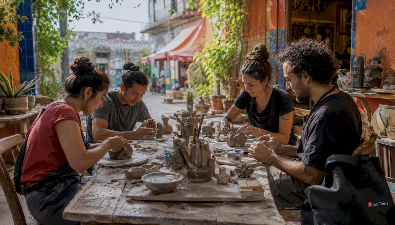 Small group making pottery in bright studio