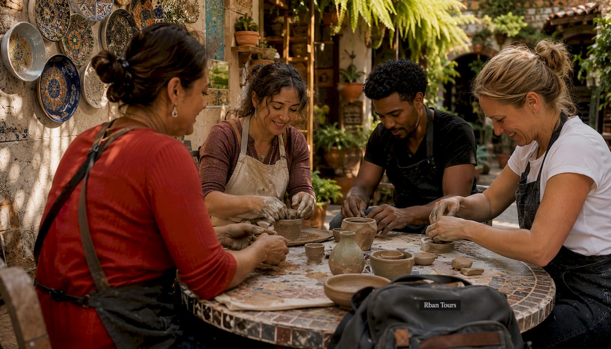 Participants shaping clay in artist-led pottery workshop