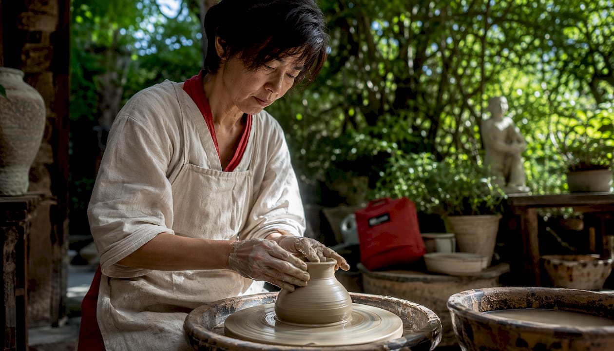 Woman shaping clay in Japanese pottery workshop
