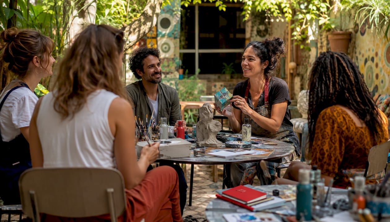 Artist leading small art workshop in studio