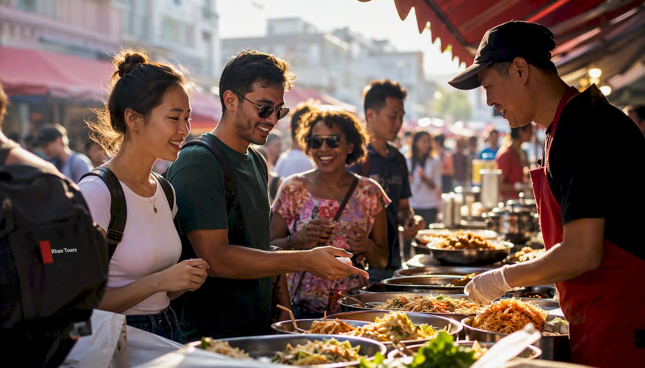 People enjoying vibrant street food market