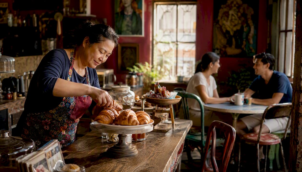 Cozy local café interior with owner at work