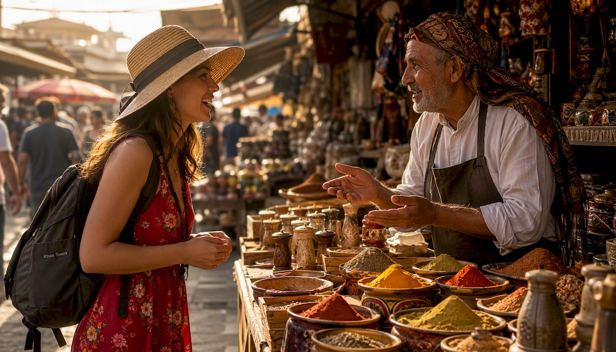 Traveler talking with local vendor at market