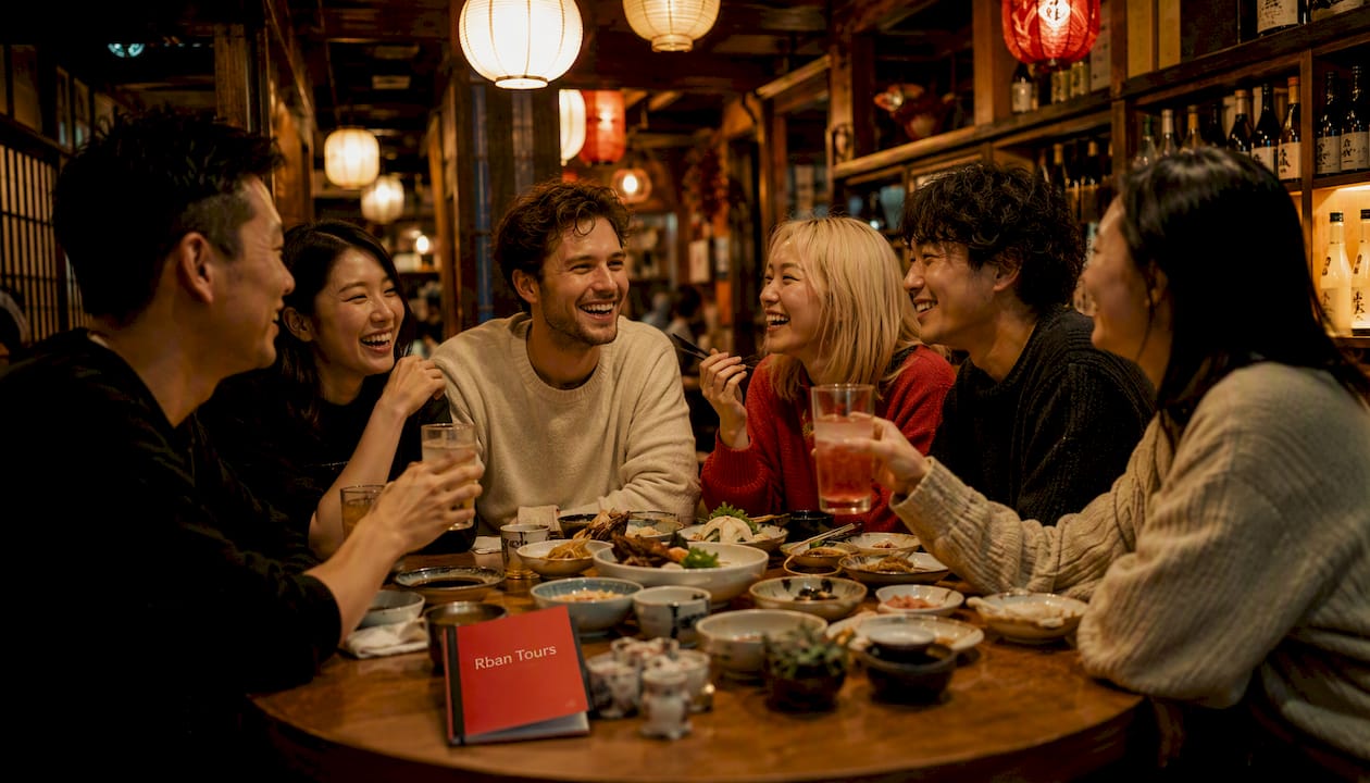 Group dining socially in Tokyo izakaya