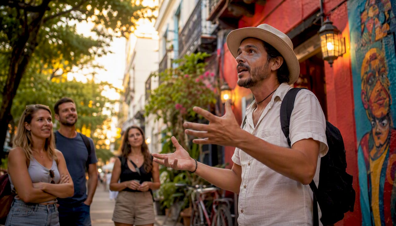 Host narrating story in vibrant city alley