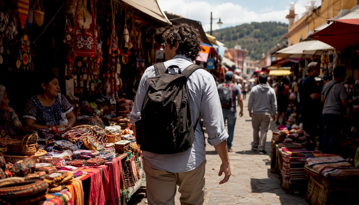 Traveler observing morning market activity