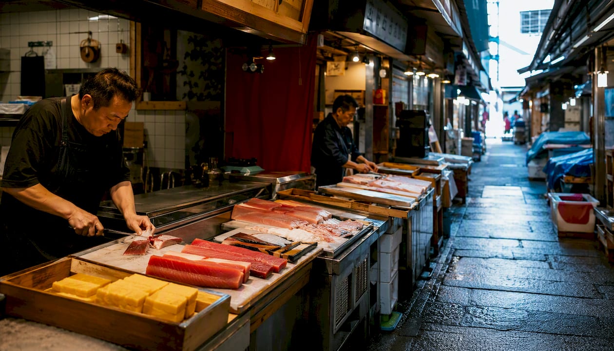 Tsukiji Outer Market narrow street with vendors