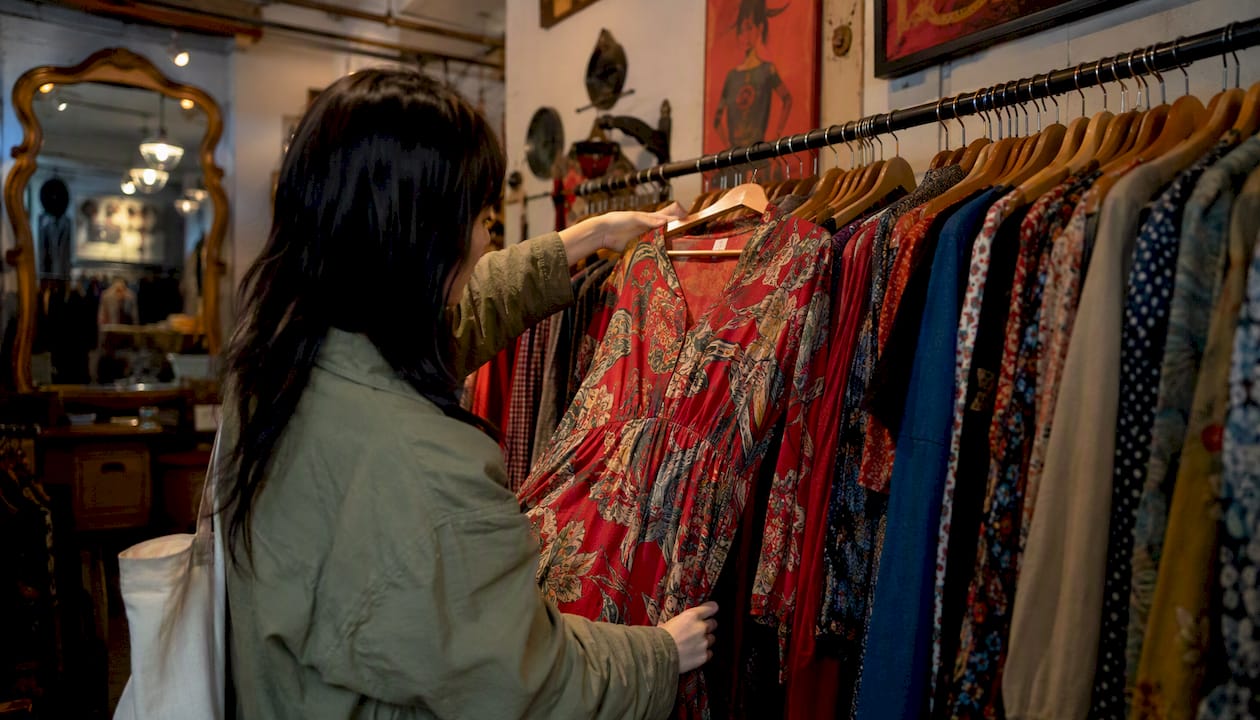 Shopper browsing silk blouse in vintage boutique