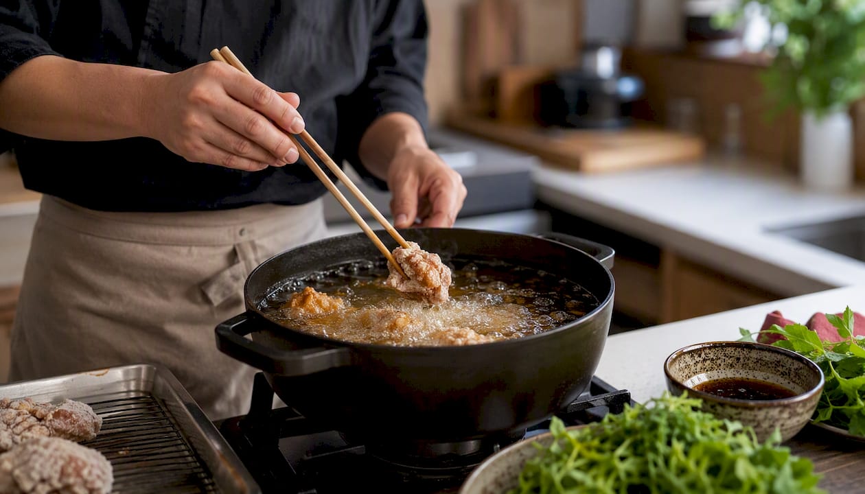 Hands double frying karaage in pot