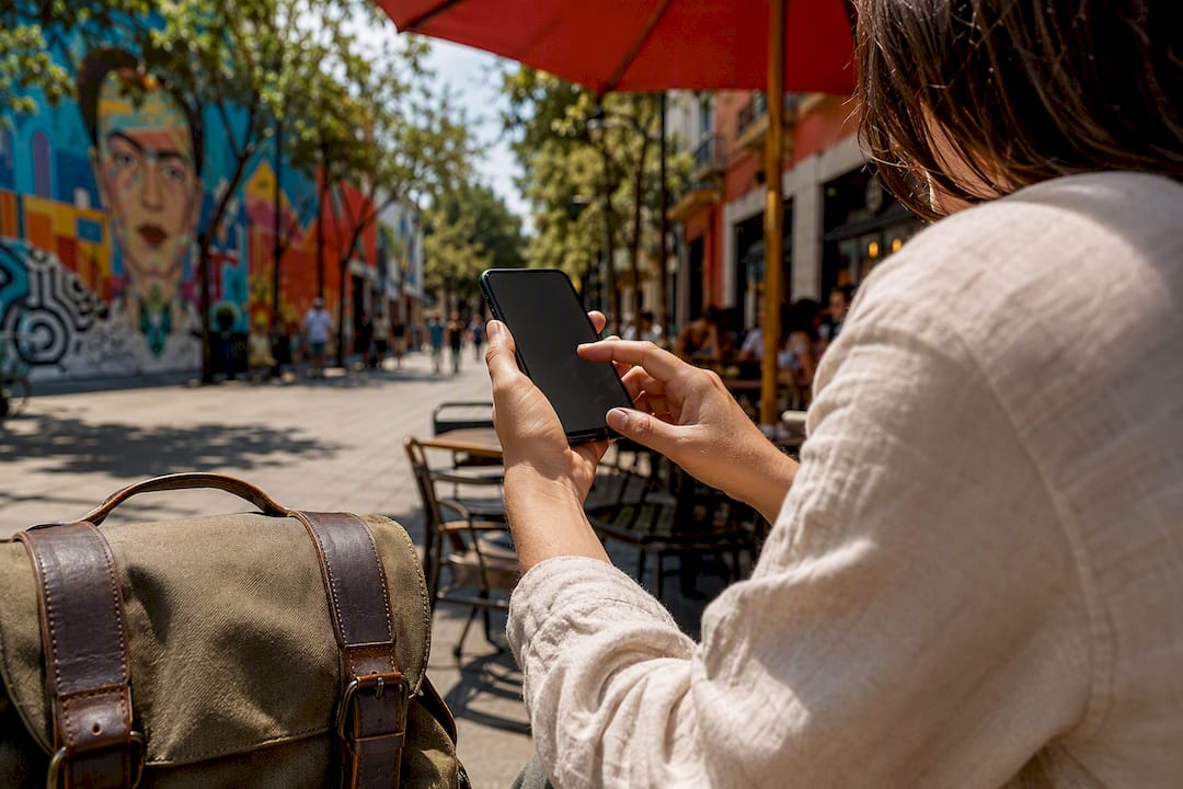 Hands holding smartphone near hotel entrance