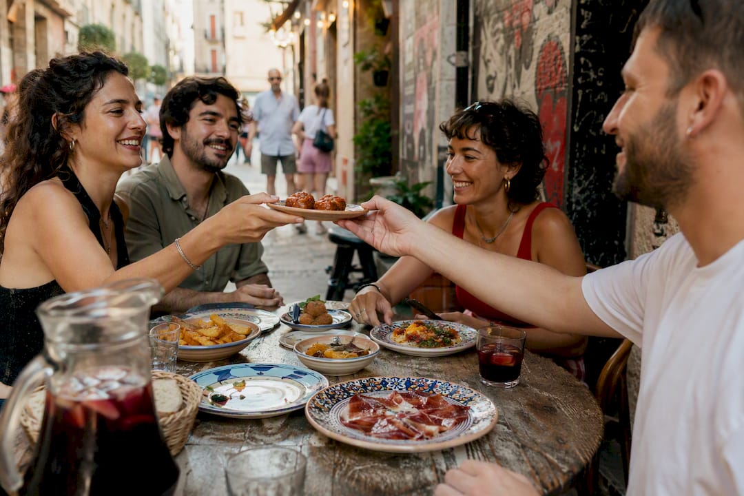 Group sharing tapas outdoors in Barcelona