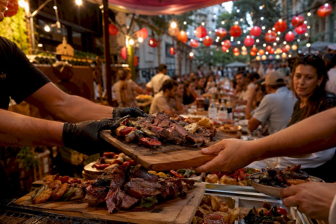 Hands serving grilled seafood at Barcelona food festival