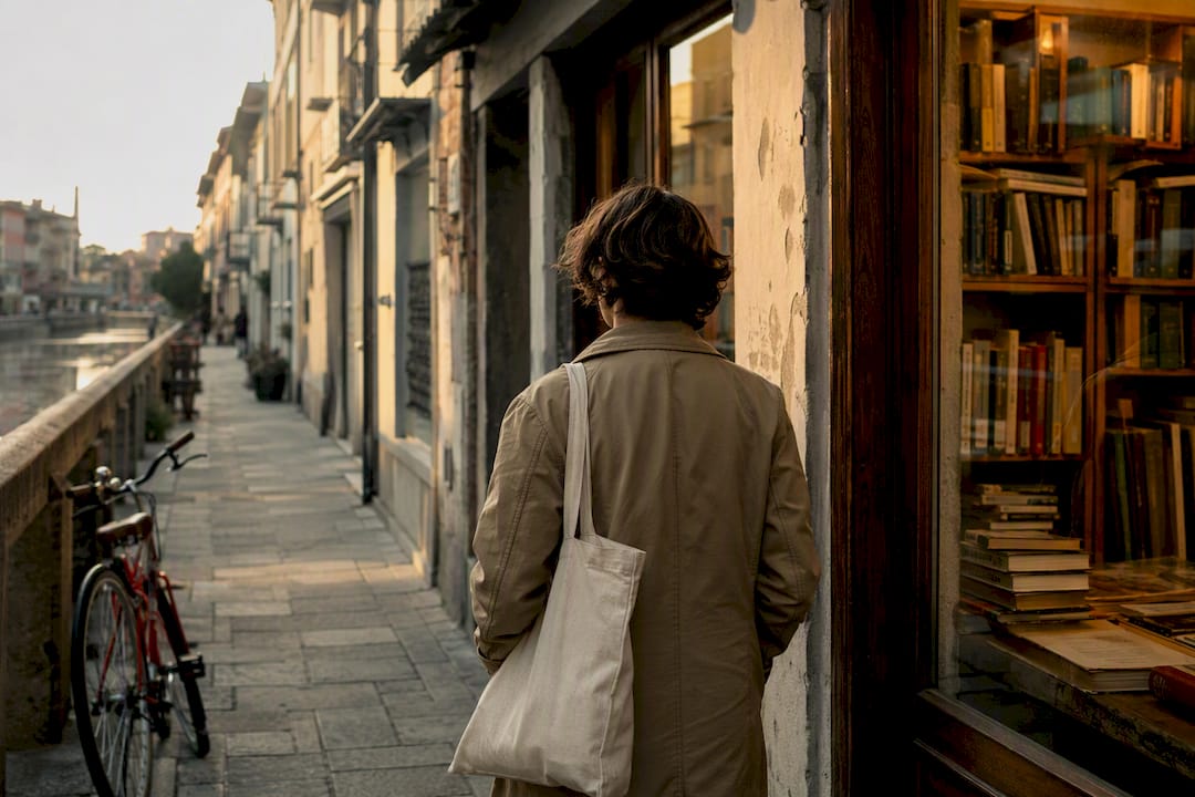 Traveler walking Milan Navigli backstreet