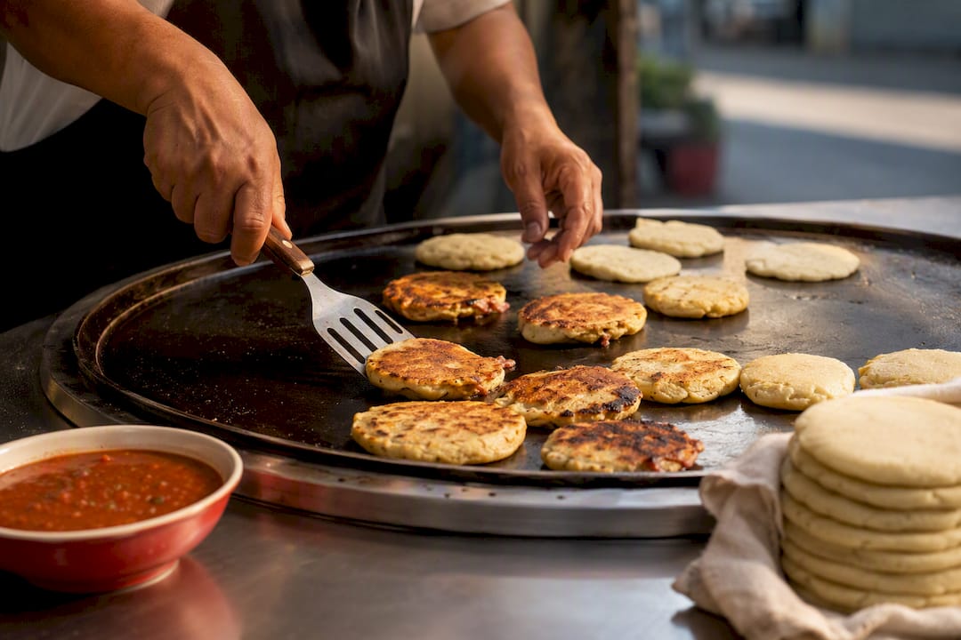 Cook tending masa snacks on a comal