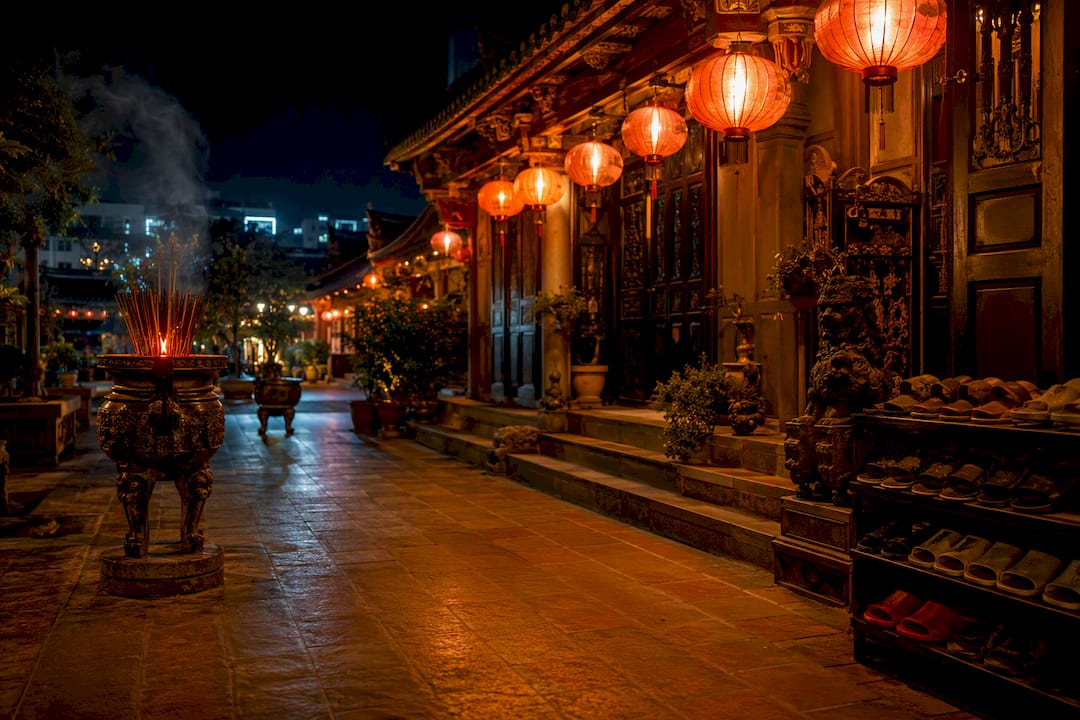 Lantern-lit temple walkway in Cholon