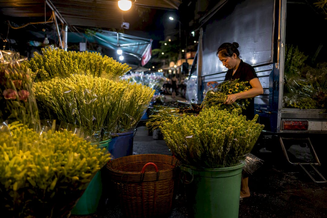Flowers arranged under bulbs at Ho Thi Ky Market