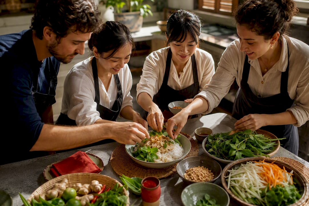 Team preparing Vietnamese food together