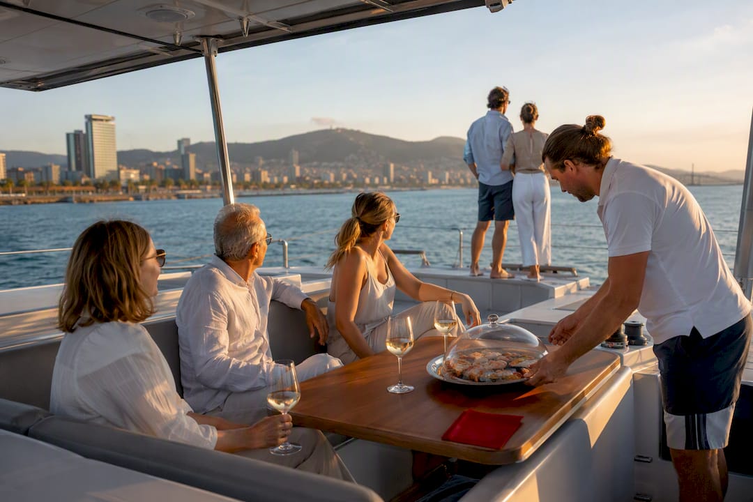 Group relaxing on Barcelona catamaran
