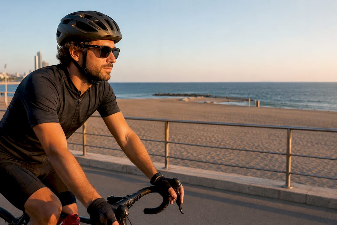 Cyclist on Barcelona seafront promenade
