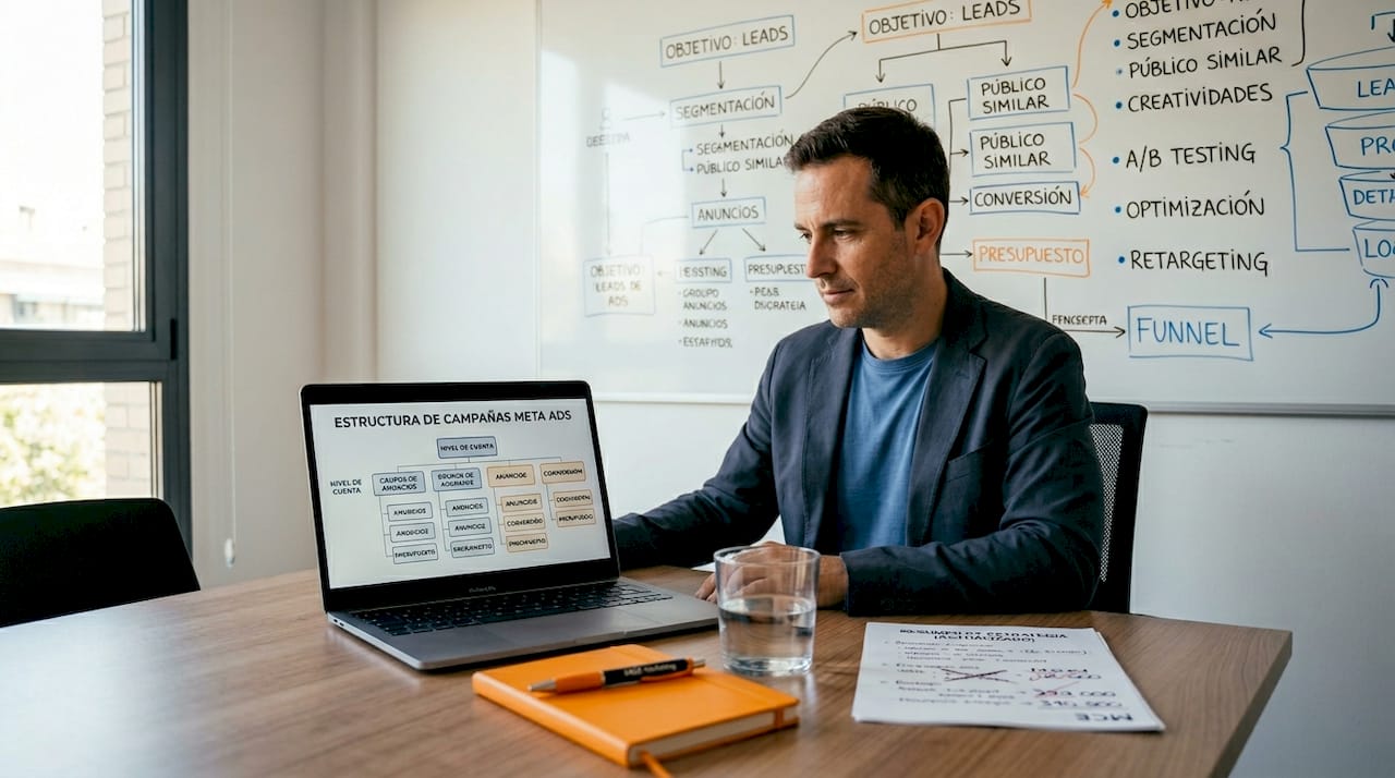 Experto revisando la estrategia y estructura de campañas publicitarias en Meta