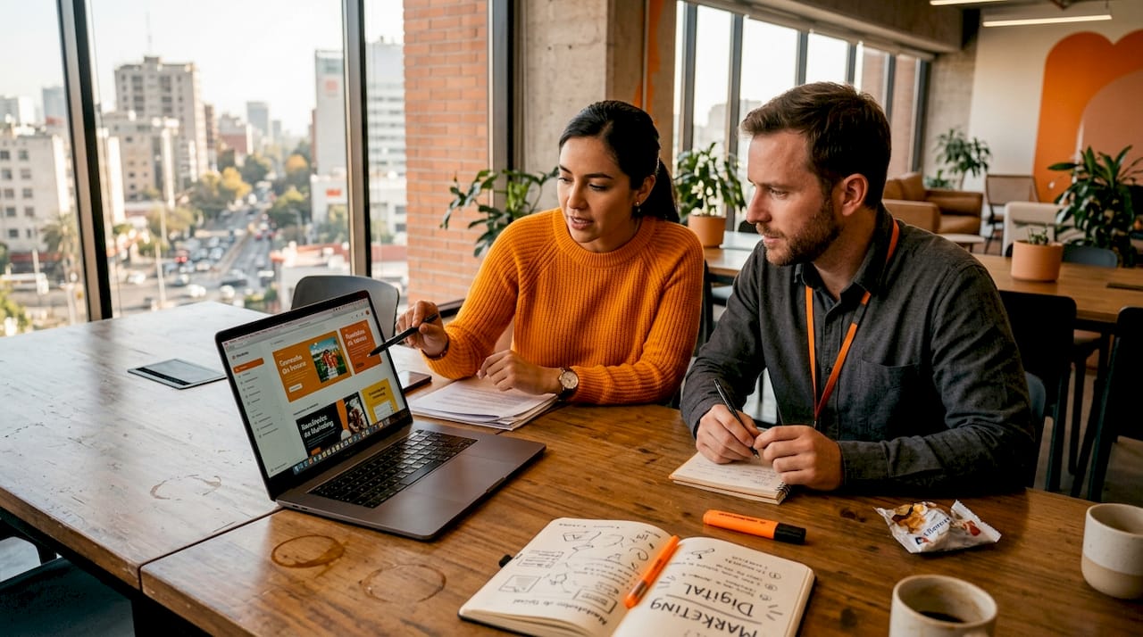 Un equipo analiza creatividades publicitarias en un espacio de coworking.