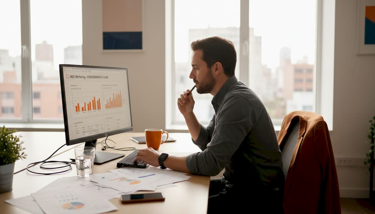 Profesional analizando el posicionamiento SEO local desde su oficina
