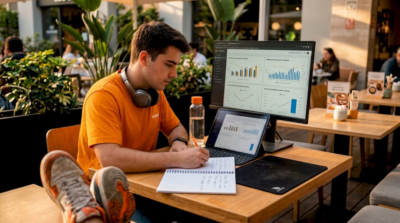 Especialista en marketing digital analizando el rendimiento de sus campañas desde un espacio de coworking.