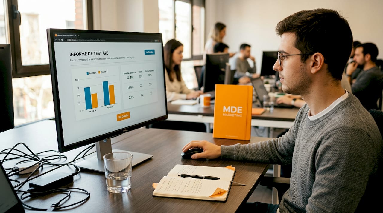 Especialista analizando el informe de resultados de pruebas A/B en marketing