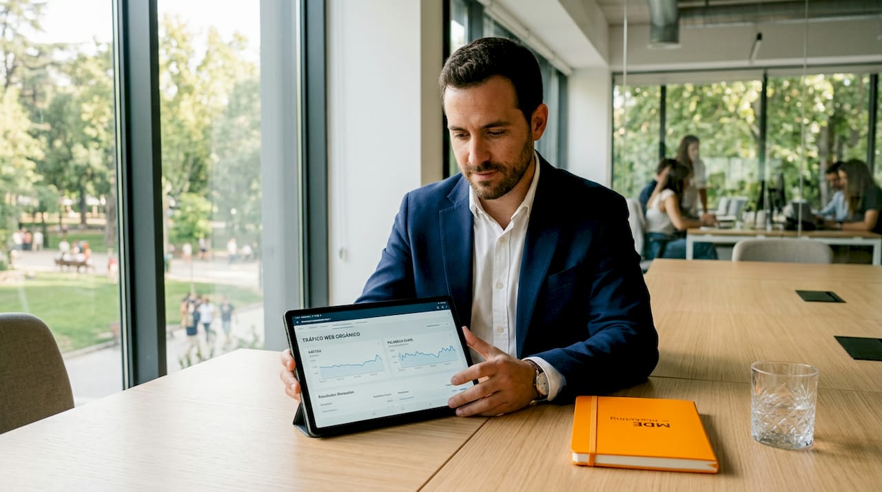 Empresario revisando el rendimiento SEO desde su tablet