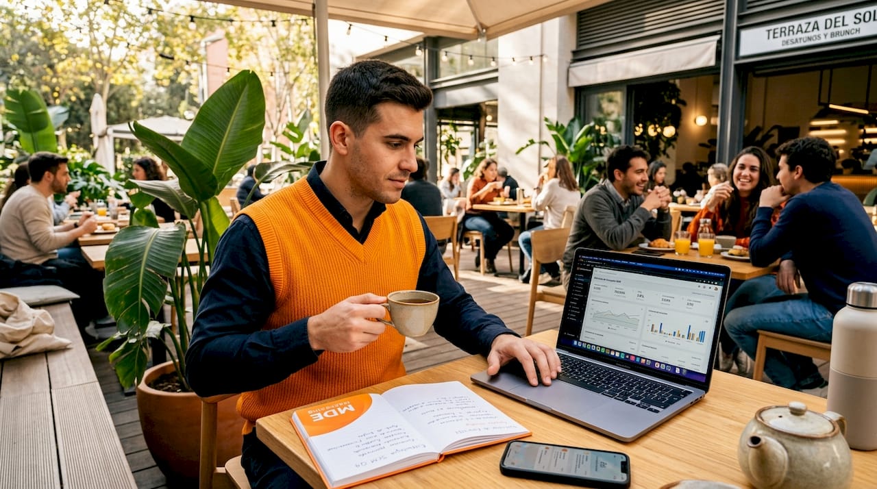 Especialista en marketing digital revisando resultados de campañas SEM mientras disfruta de un café.