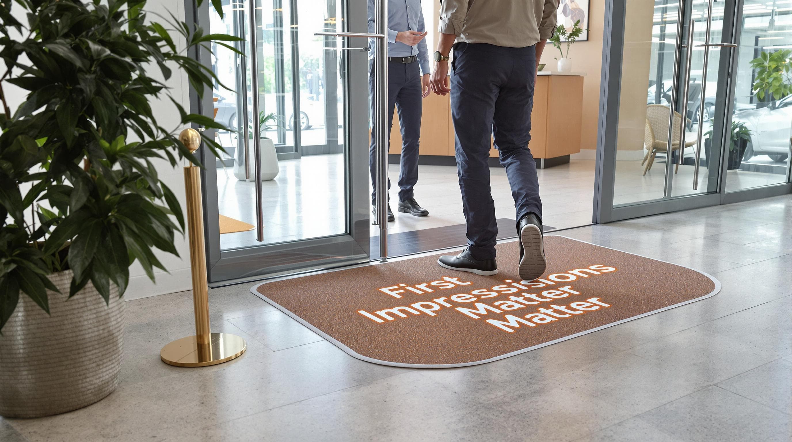 Office lobby with clean entrance mat and greeting