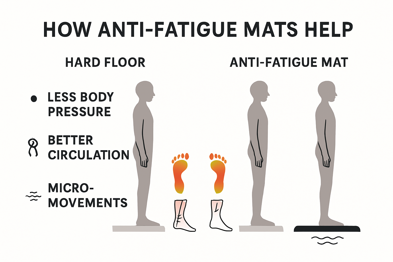 Infographic comparing physical strain with and without anti fatigue mats