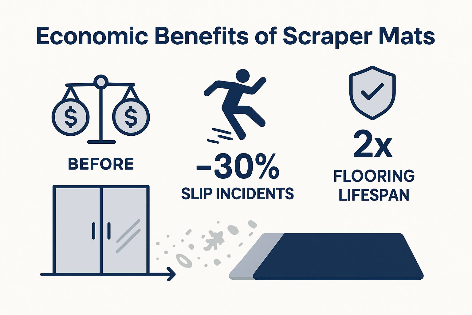 Infographic showing scraper mat cost benefits and debris reduction